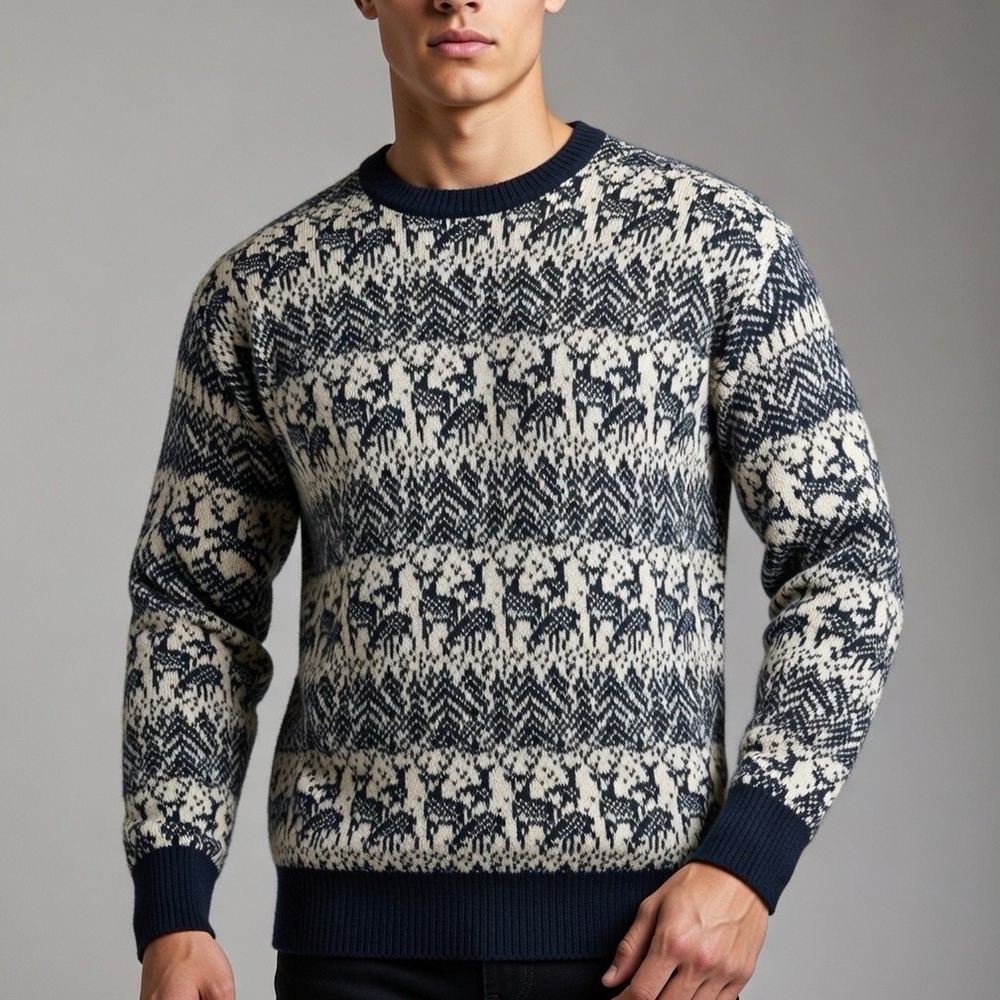 The Shetland Collection Green/White 100% Pure New Wool Reindeer Crewneck, Size M